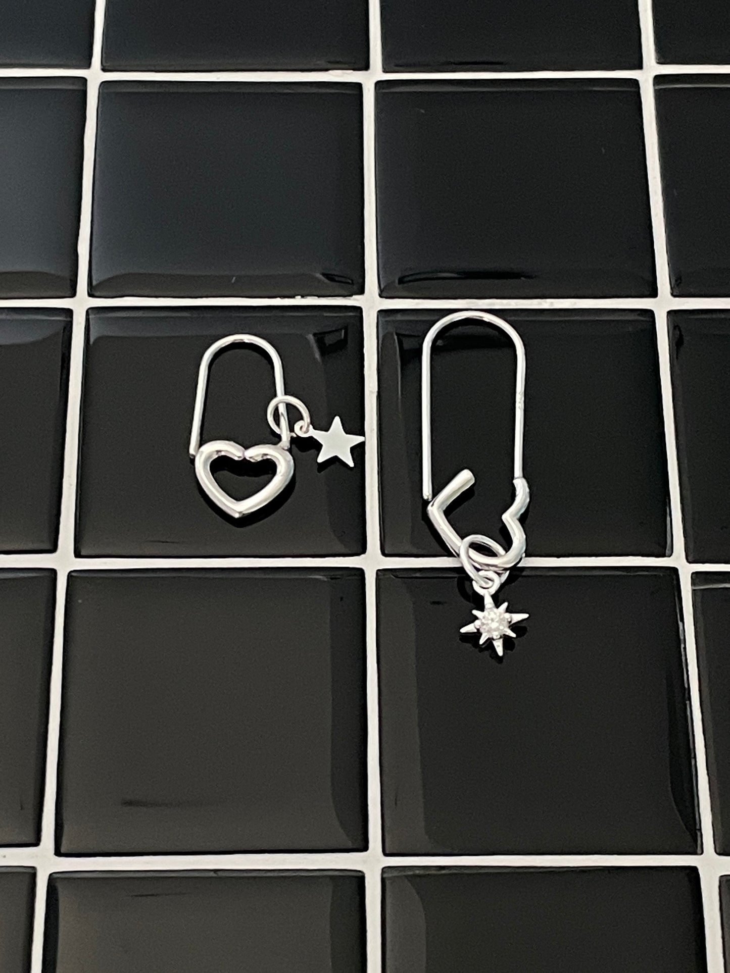 2PC Heart Safe Pin Stack Earrings 925 Sterling Silver