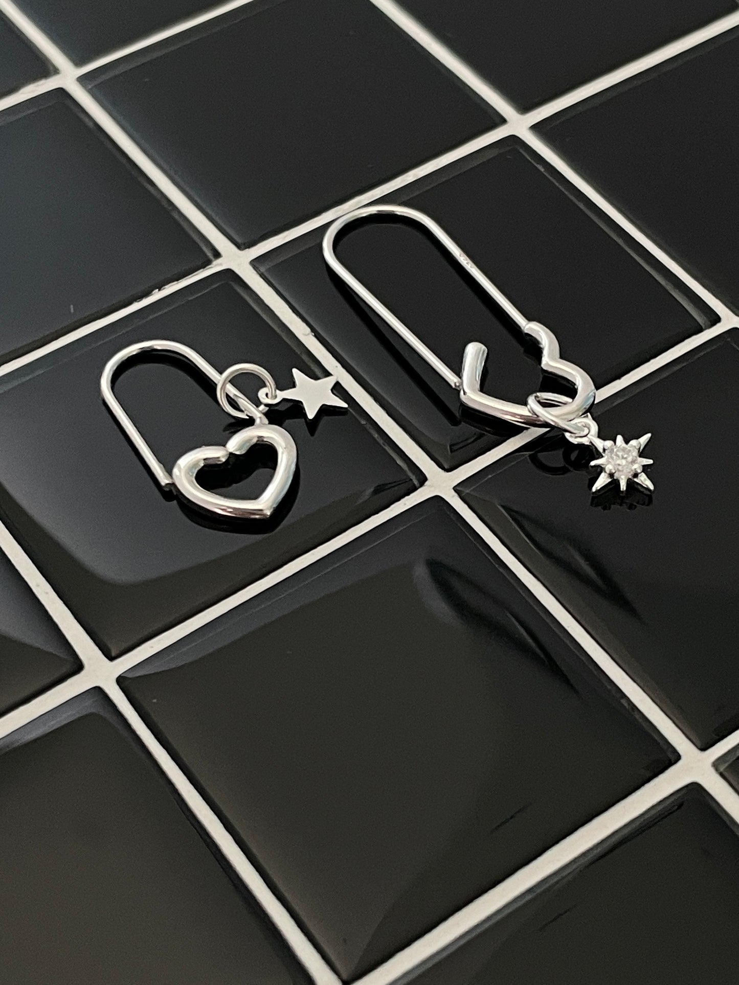 2PC Heart Safe Pin Stack Earrings 925 Sterling Silver