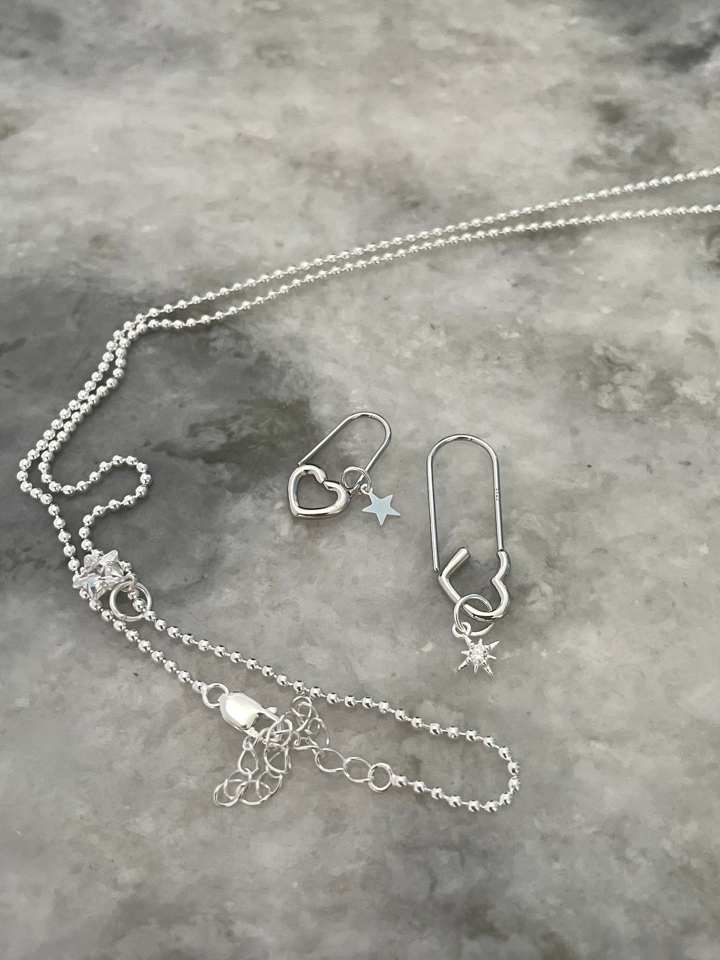 2PC Heart Safe Pin Stack Earrings 925 Sterling Silver