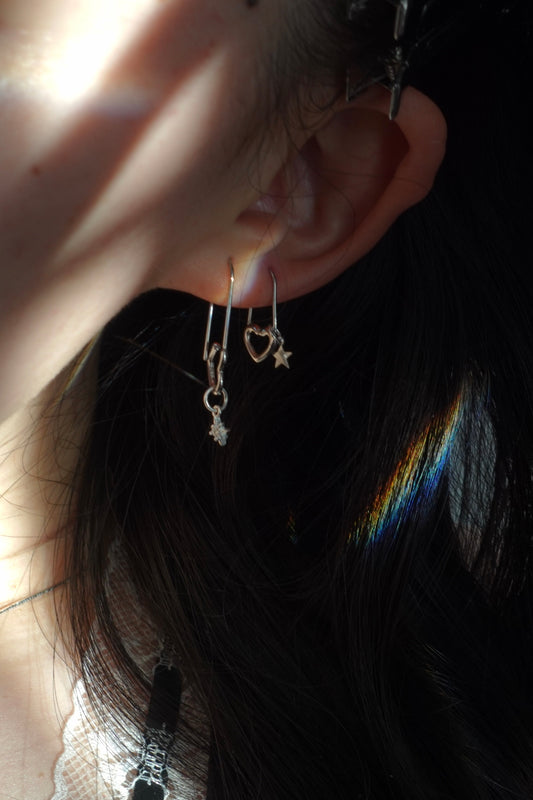 2PC Heart Safe Pin Stack Earrings 925 Sterling Silver