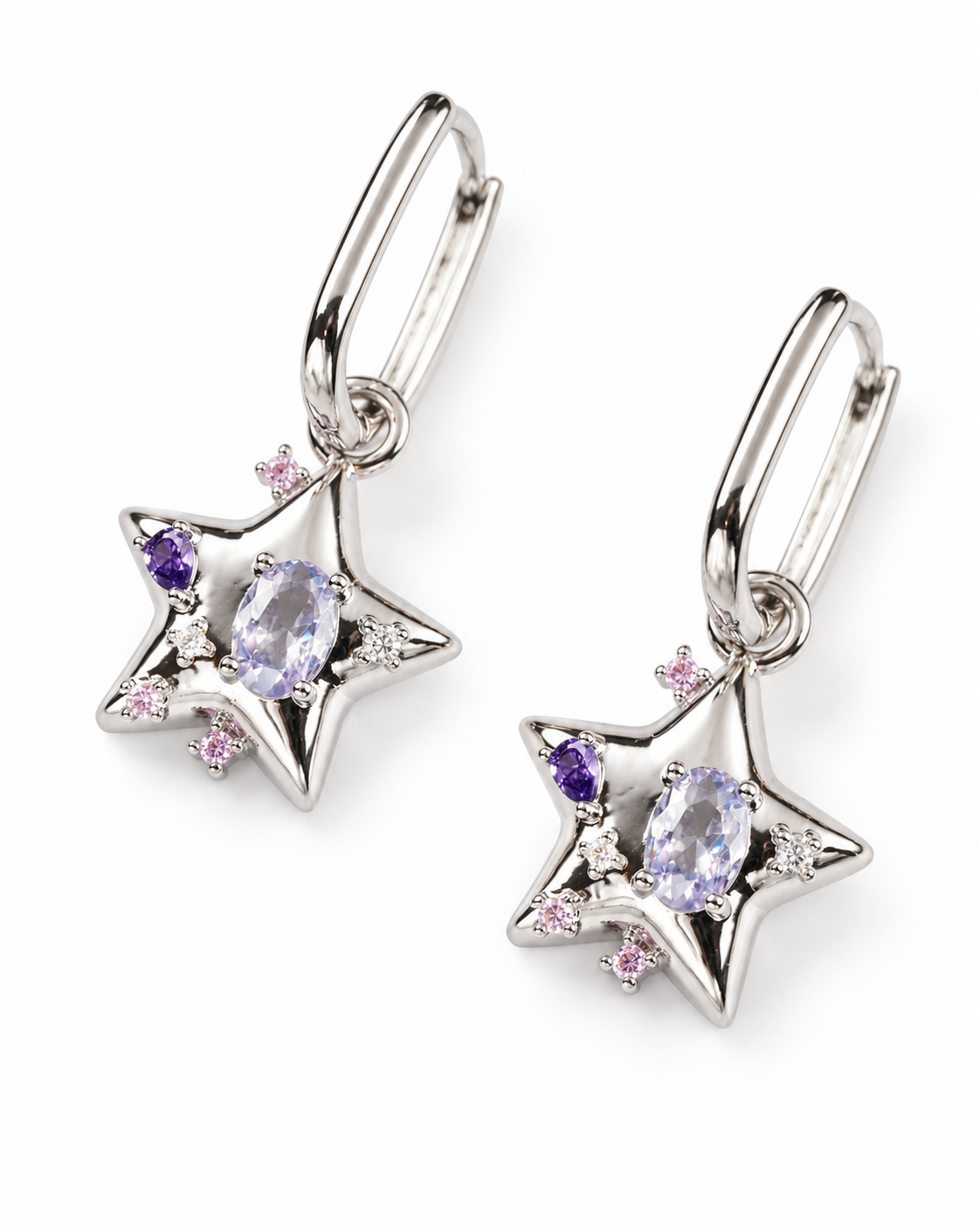 A pair of sterling silver star-shaped dangle earrings with oval lavender amethyst center stones and small pink cubic zirconia accents, shown on a clean white background.