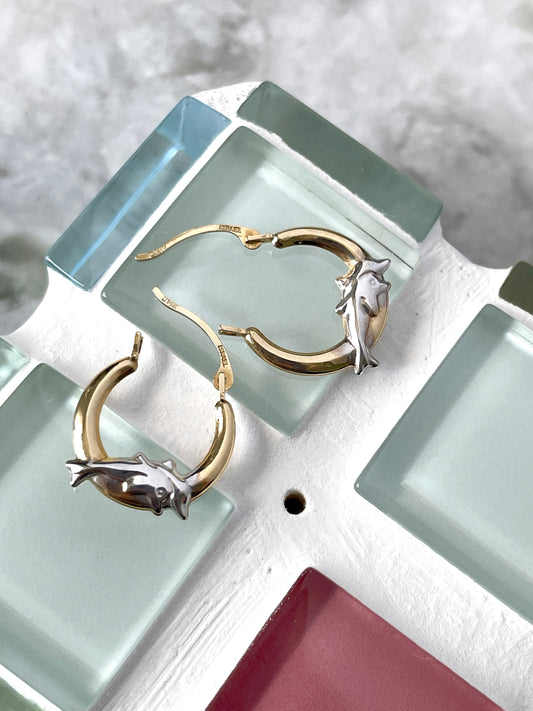 14K Solid Gold Dolphin Hoops Two Tone Vintage 14k Hoops Coquette Real Gold Earrings Romantic Old Money Aesthetic 14K Earrings Gift for Her