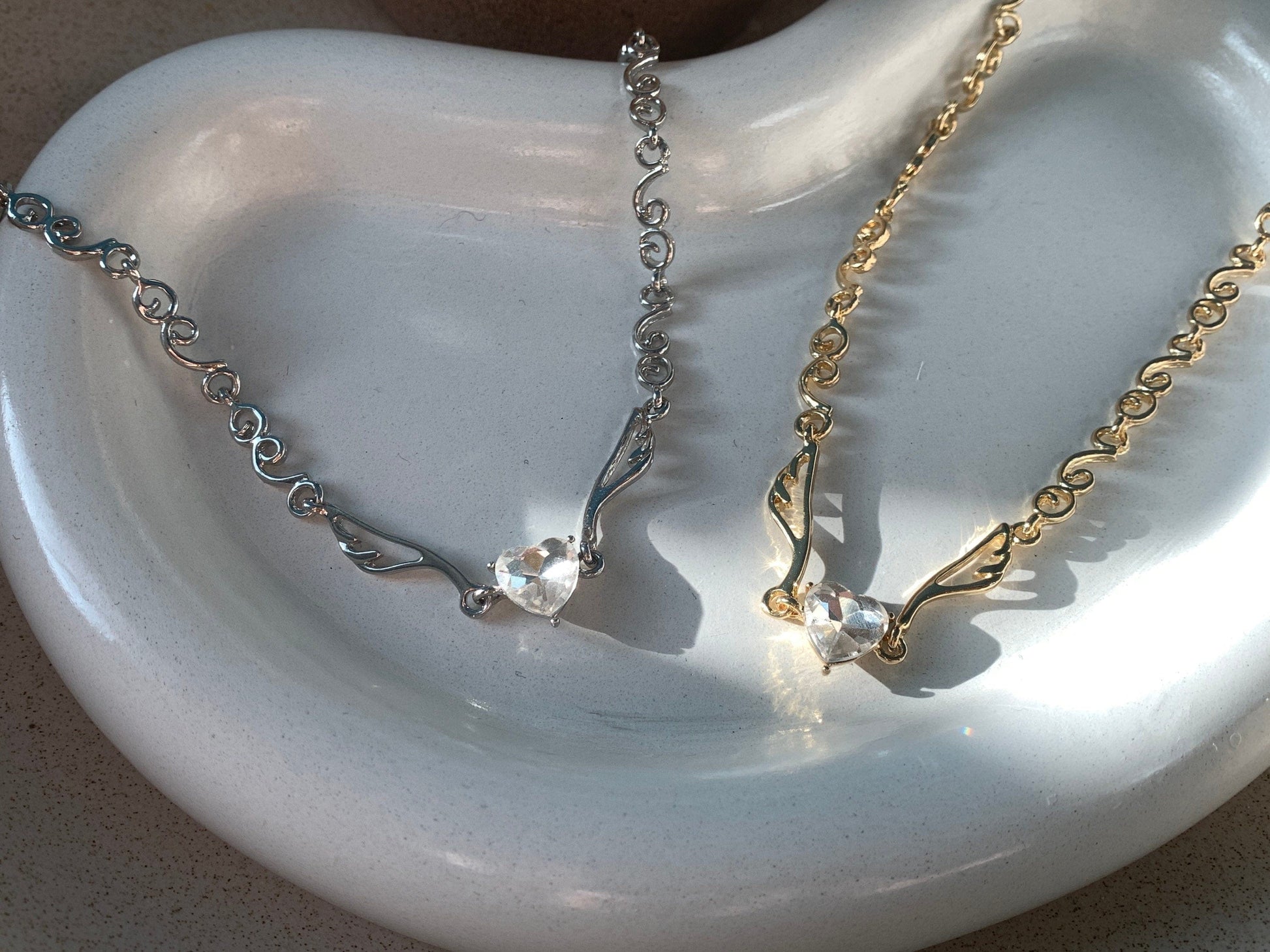 Y2k Angel Wings Choker, Cubic Zirconia Heart Cyber Grunge Necklace,  2000s Jewelry, Cyber Goth, Gift for Her