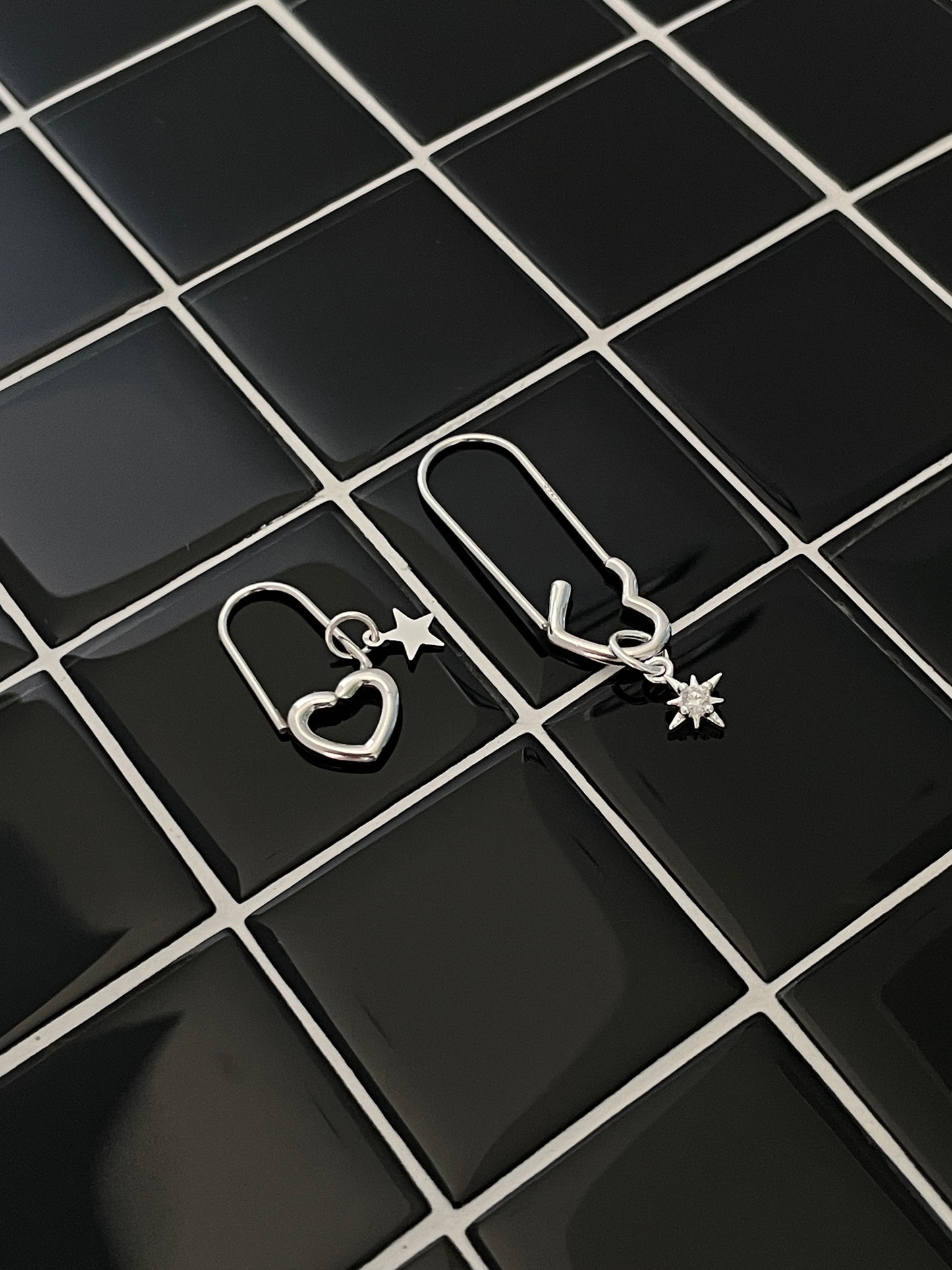 2PC Heart Safe Pin Stack Earrings 925 Sterling Silver