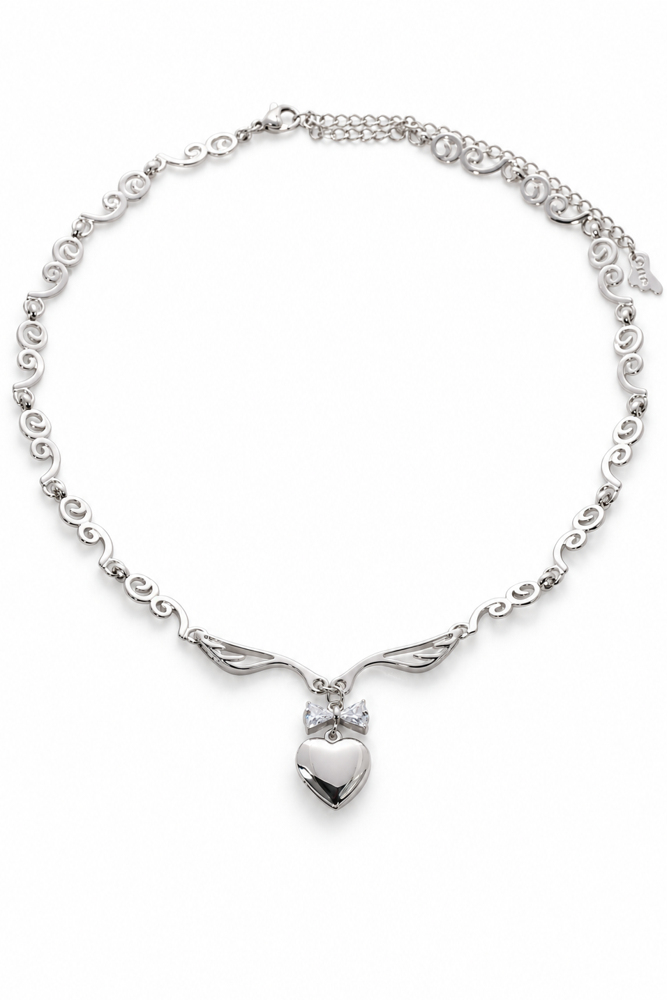 A silver-toned chain bracelet with a dangling heart-shaped charm, angel wings, and small heart charms, displayed on a clean white background.