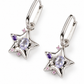 A pair of sterling silver star-shaped dangle earrings with oval lavender amethyst center stones and small pink cubic zirconia accents, shown on a clean white background.