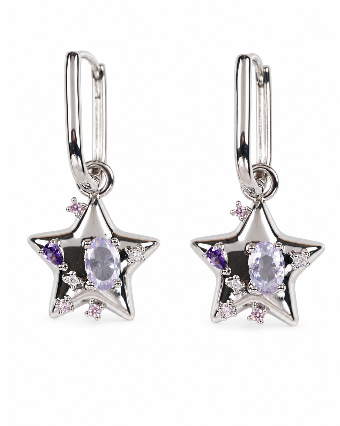 A pair of silver star-shaped drop earrings with oval purple gemstones and small clear accent stones nana anime westwood style
