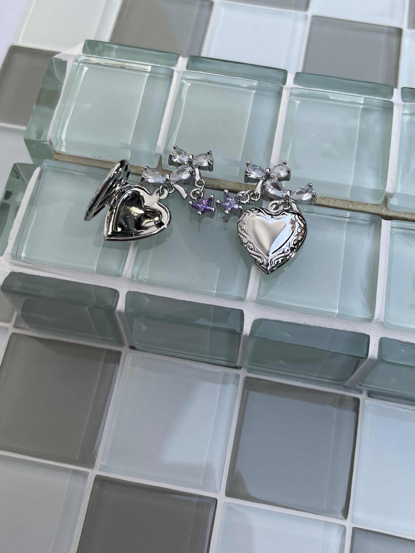 Heart Locket Earrings White Gold Filled Ribbon Coquette Ballet Core Y2K Star Fairy Jewelry Ballerina Indie Jewelry Cottage Core Romantic