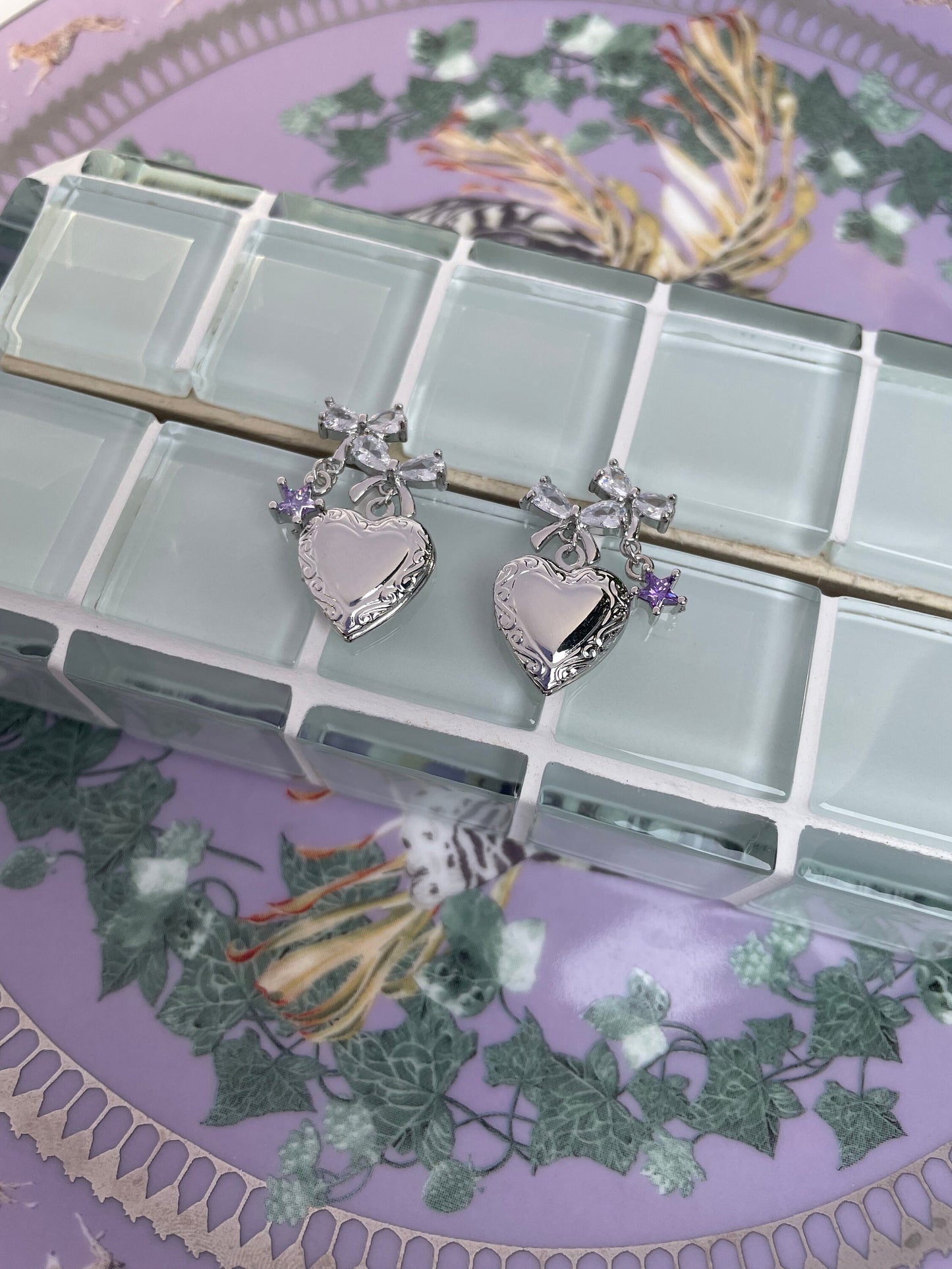 Heart Locket Earrings White Gold Filled Ribbon Coquette Ballet Core Y2K Star Fairy Jewelry Ballerina Indie Jewelry Cottage Core Romantic