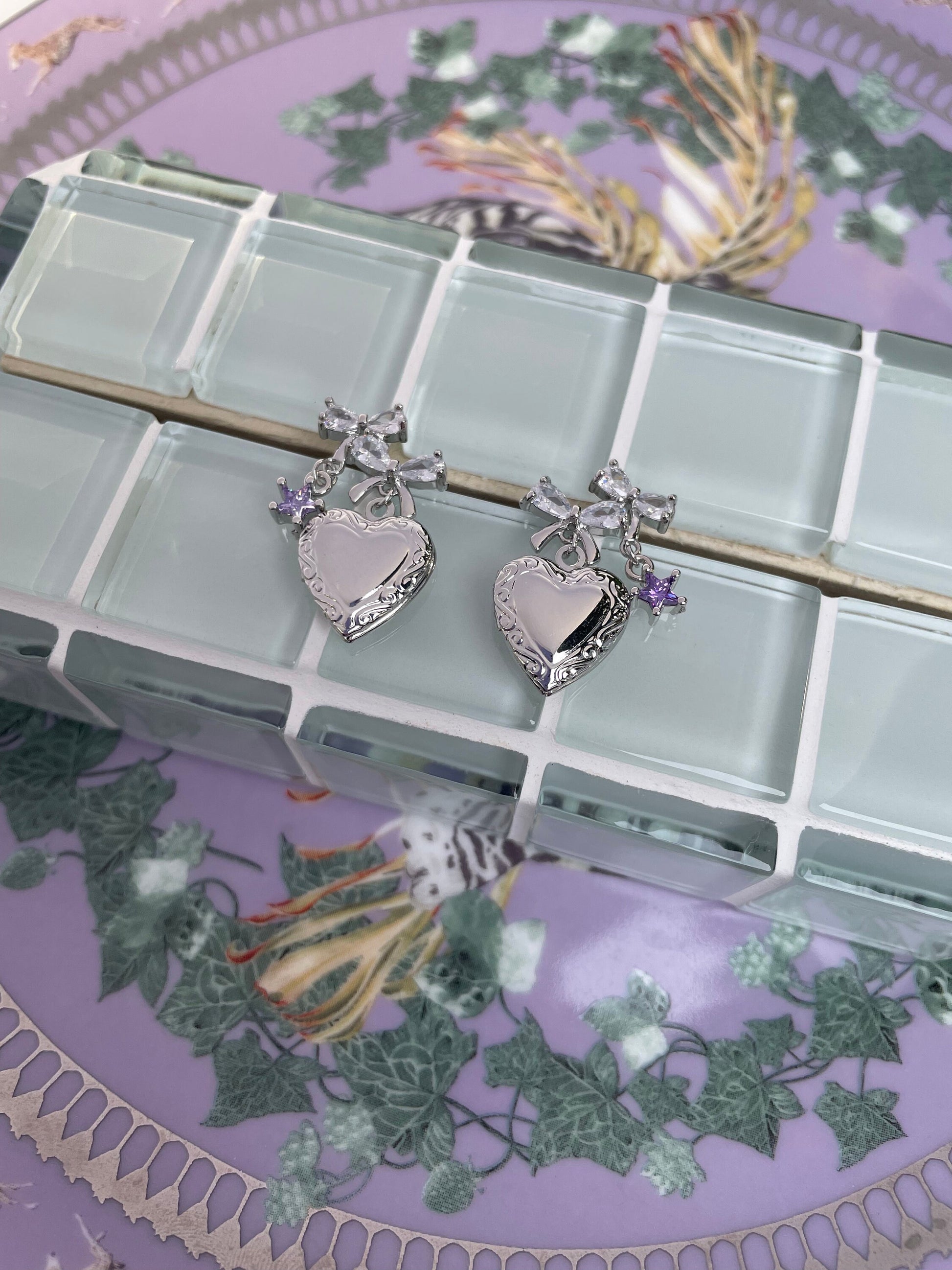 Heart Locket Earrings White Gold Filled Ribbon Coquette Ballet Core Y2K Star Fairy Jewelry Ballerina Indie Jewelry Cottage Core Romantic