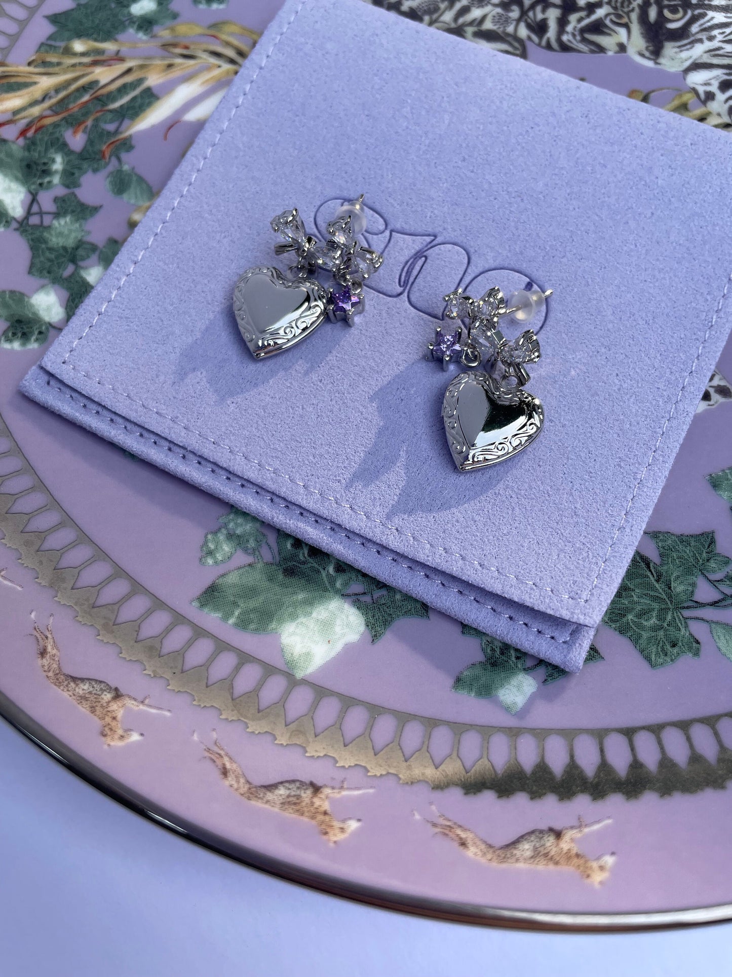 Heart Locket Earrings White Gold Filled Ribbon Coquette Ballet Core Y2K Star Fairy Jewelry Ballerina Indie Jewelry Cottage Core Romantic