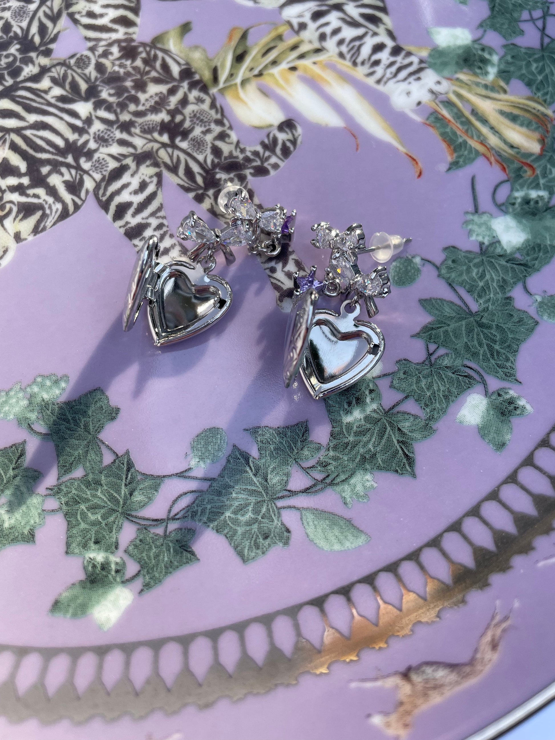 Heart Locket Earrings White Gold Filled Ribbon Coquette Ballet Core Y2K Star Fairy Jewelry Ballerina Indie Jewelry Cottage Core Romantic