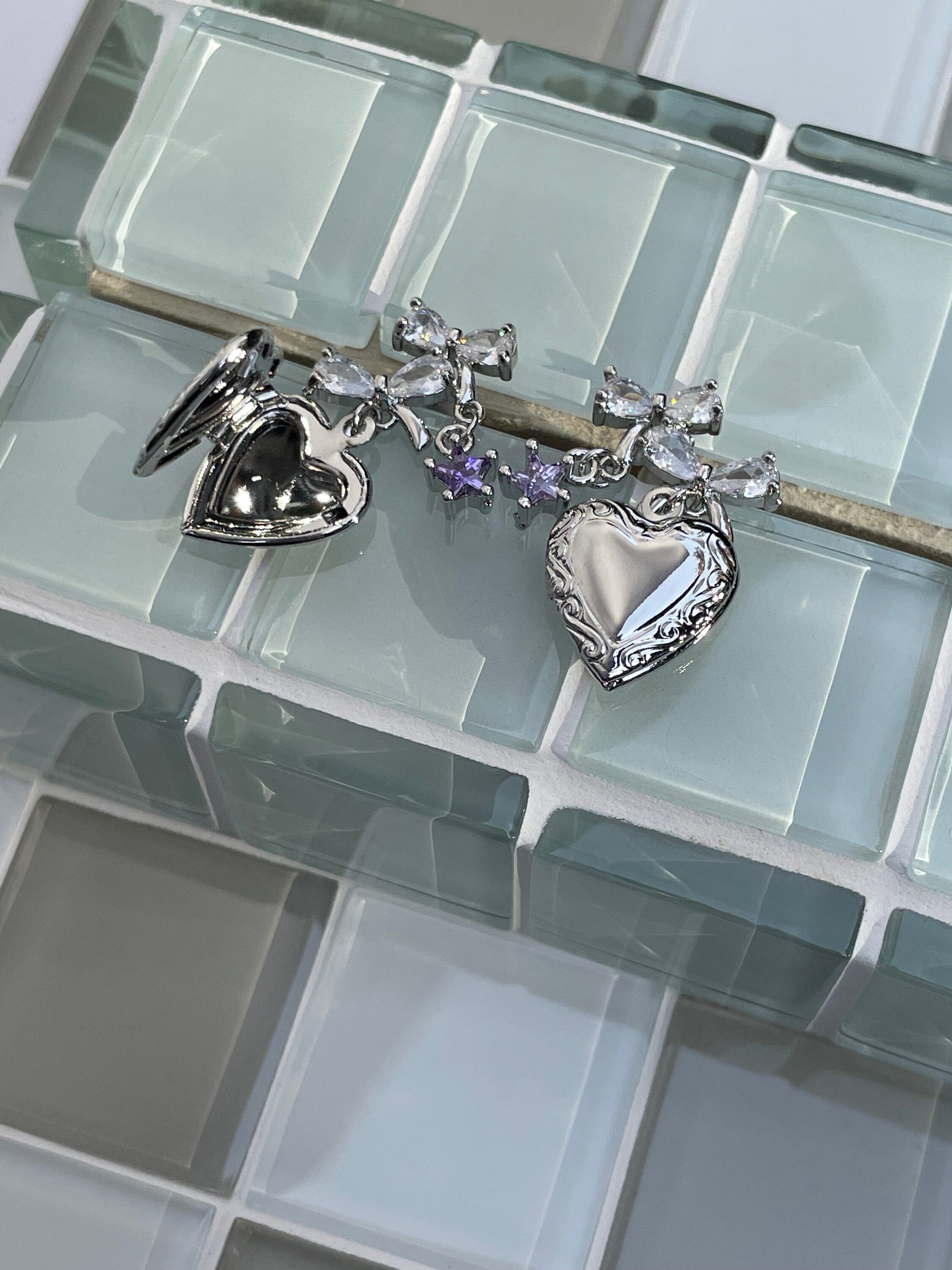 Heart Locket Earrings White Gold Filled Ribbon Coquette Ballet Core Y2K Star Fairy Jewelry Ballerina Indie Jewelry Cottage Core Romantic
