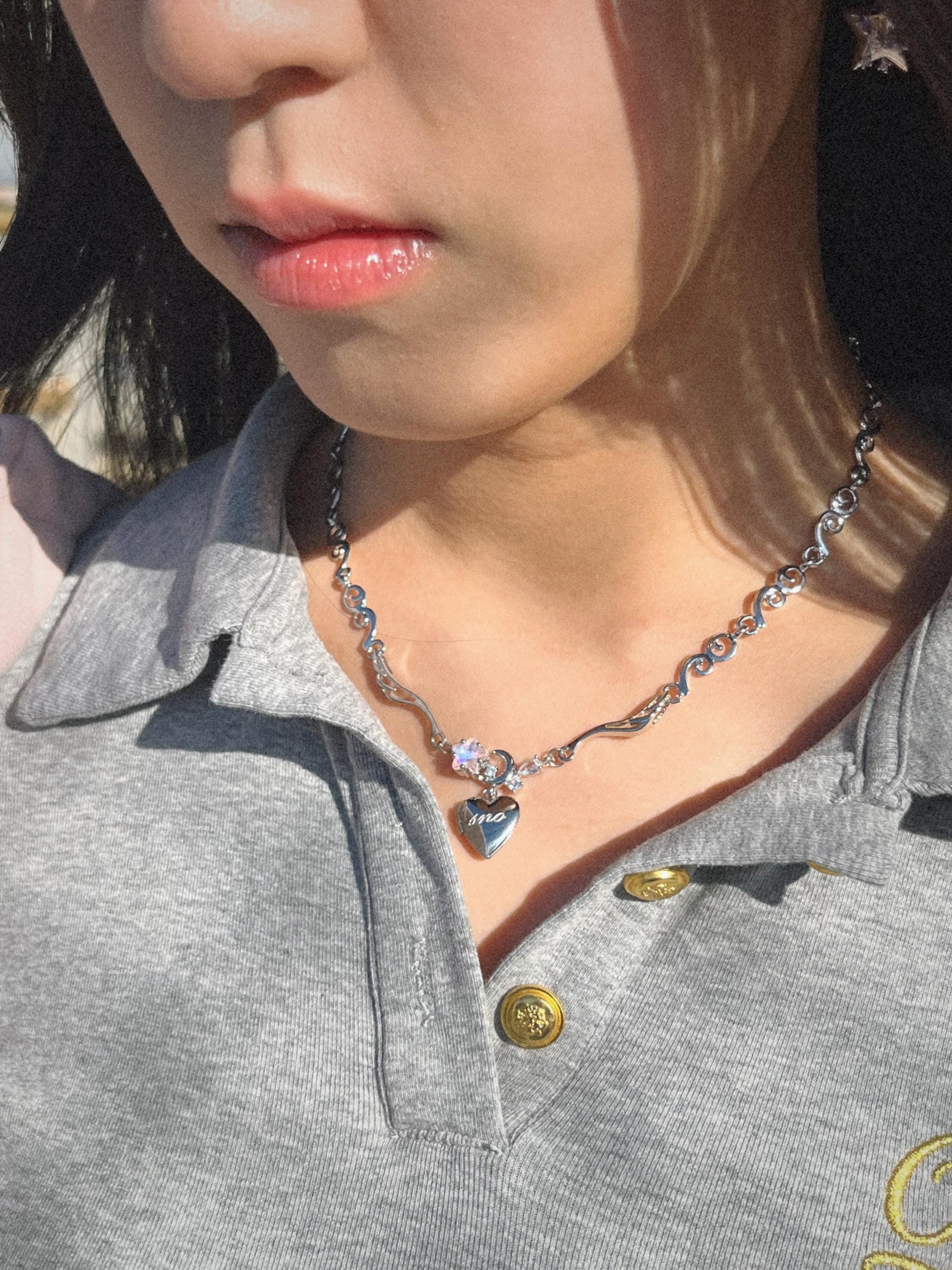 Coquette Heart Locket Moonstone Star Necklace Y2k Angel Wings Choker Angelic Ballet Core Jewelry Indie Aesthetic Heisei Retro Himekaji Gal