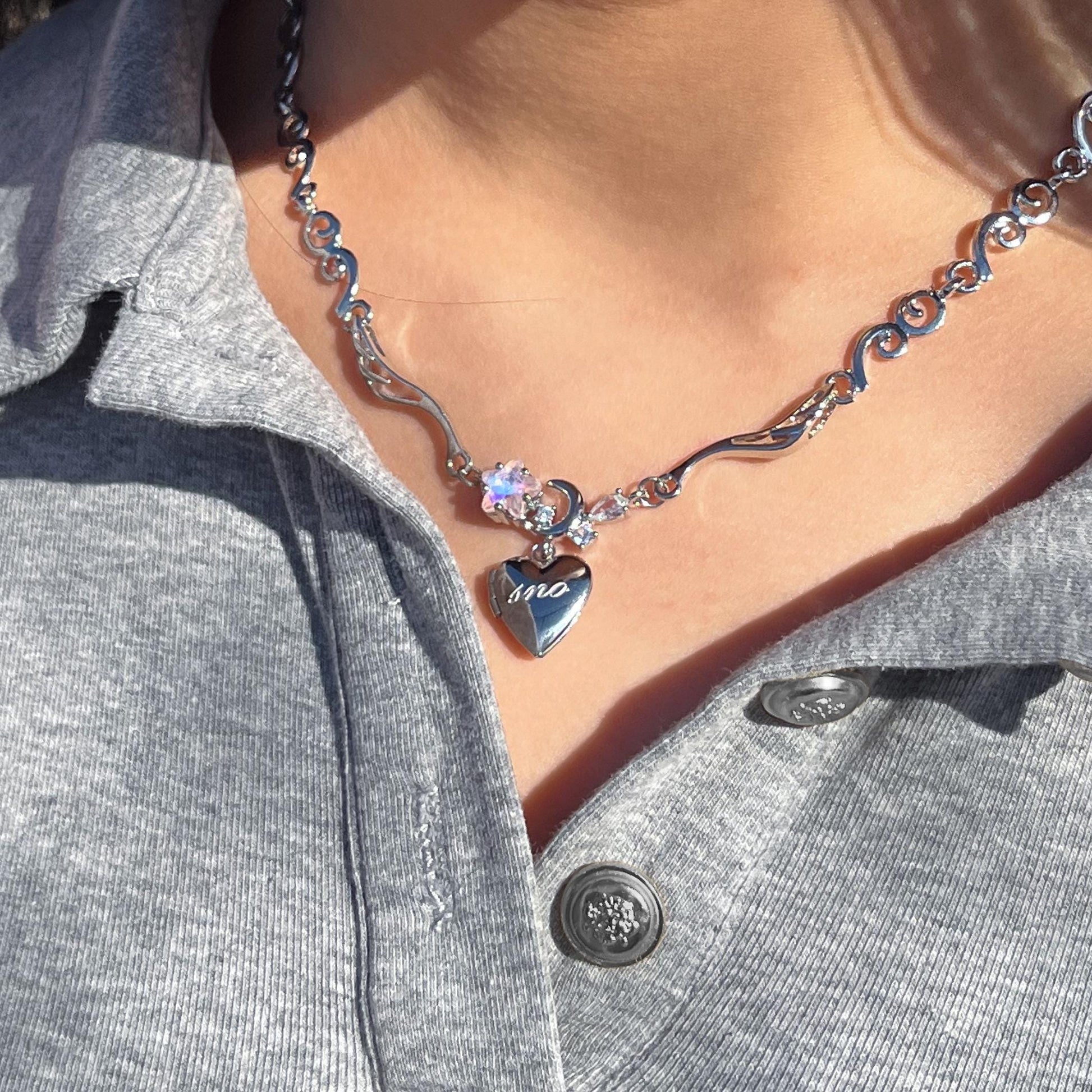 Coquette Heart Locket Moonstone Star Necklace Y2k Angel Wings Choker Angelic Ballet Core Jewelry Indie Aesthetic Heisei Retro Himekaji Gal