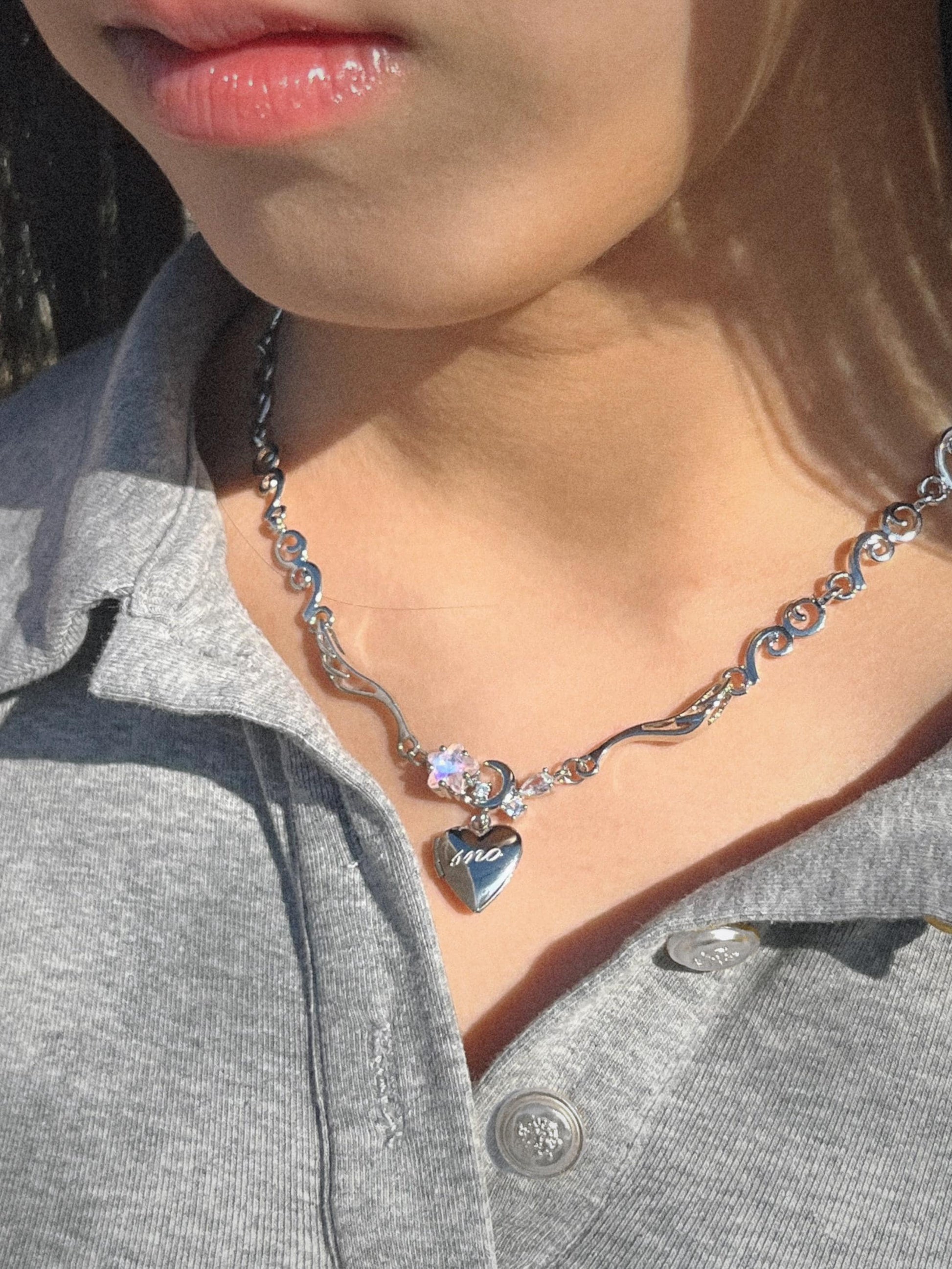Coquette Heart Locket Moonstone Star Necklace Y2k Angel Wings Choker Angelic Ballet Core Jewelry Indie Aesthetic Heisei Retro Himekaji Gal