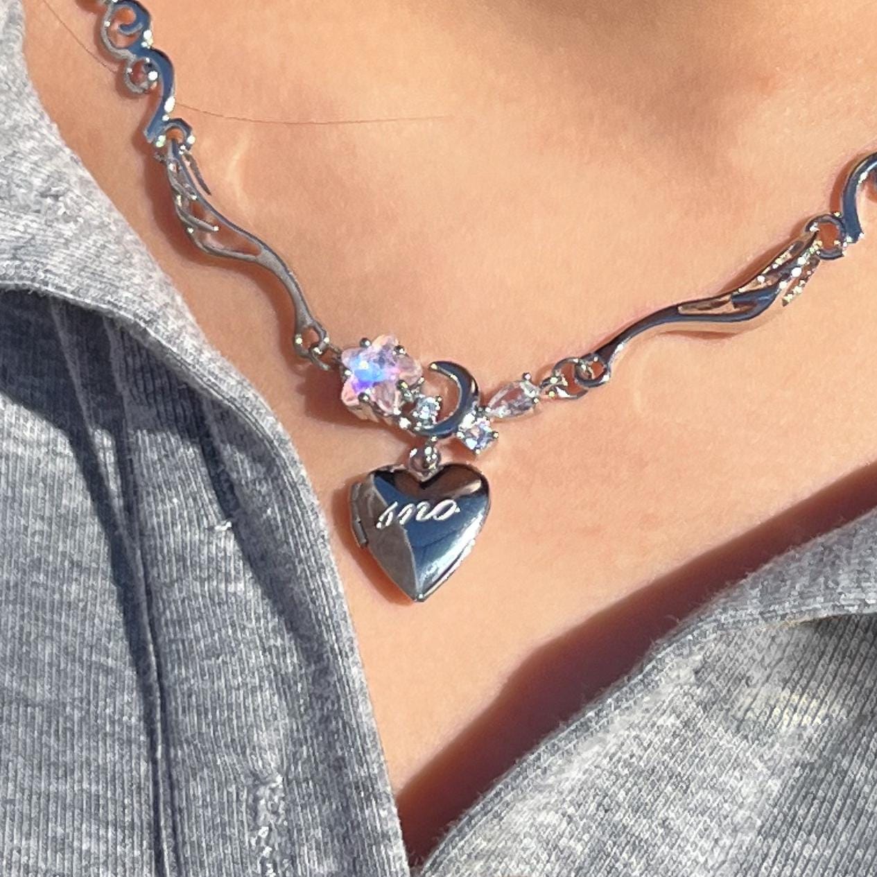 Coquette Heart Locket Moonstone Star Necklace Y2k Angel Wings Choker Angelic Ballet Core Jewelry Indie Aesthetic Heisei Retro Himekaji Gal