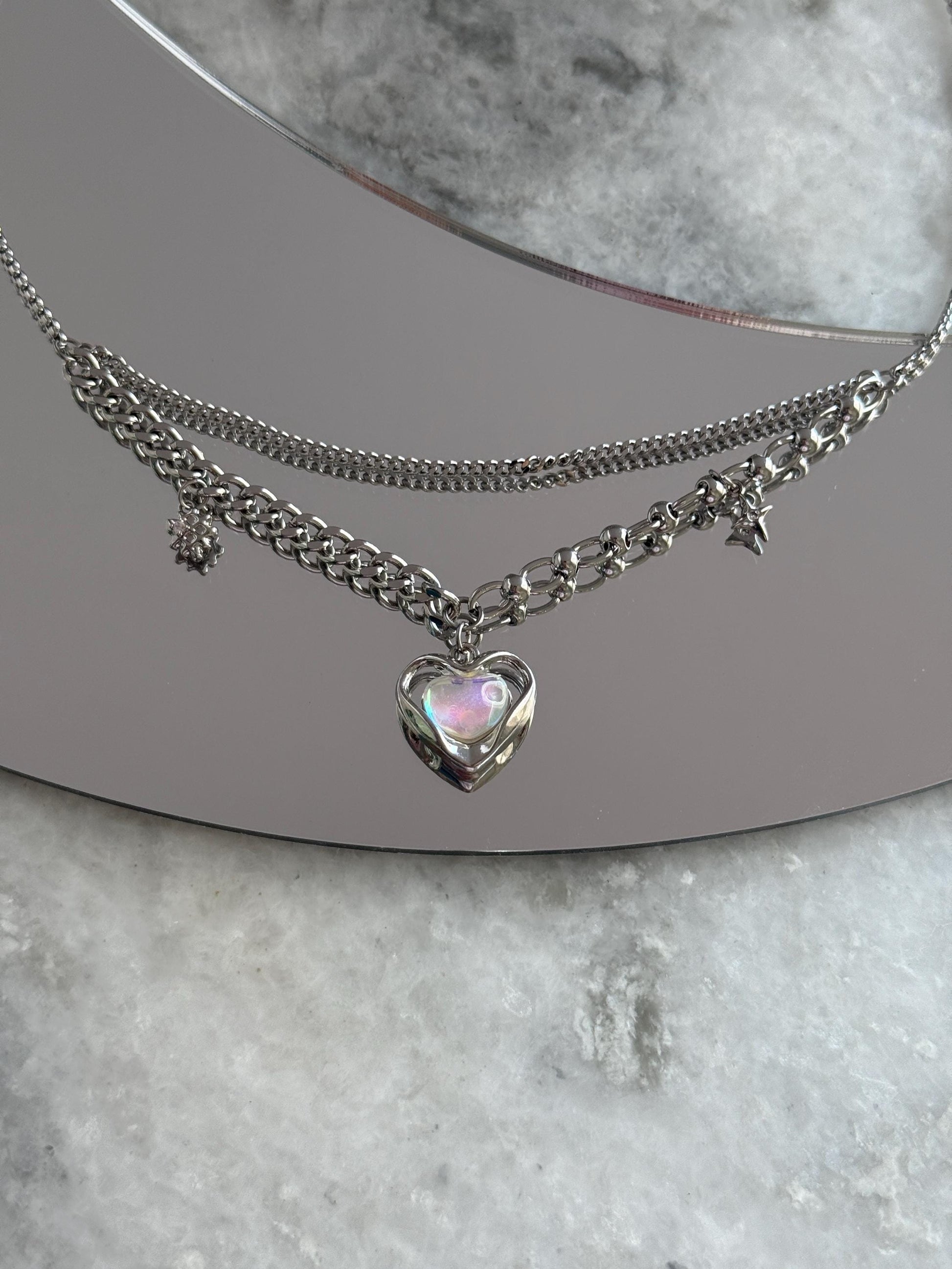 Y2k Grunge Necklace Chubby Heart Iredescent Necklace Chunky Grunge Necklace Alt Jewelry Acubi Nana Anime Indie Aesthetic K Pop Punk Jewelry