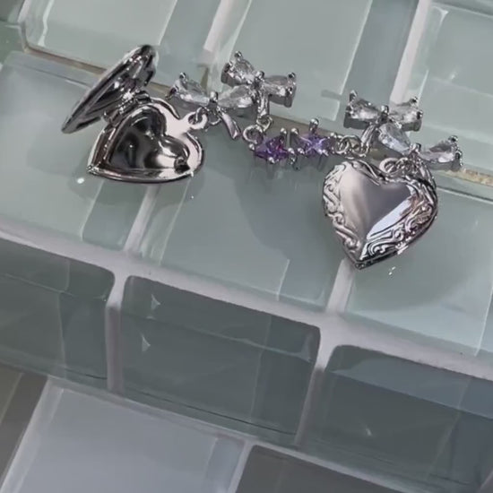 Heart Locket Earrings White Gold Filled Ribbon Coquette Ballet Core Y2K Star Fairy Jewelry Ballerina Indie Jewelry Cottage Core Romantic