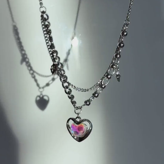 Y2k Grunge Necklace Chubby Heart Iredescent Necklace  Chunky Grunge Necklace Alt Jewelry Acubi Nana Anime Indie Aesthetic K Pop Punk Jewelry