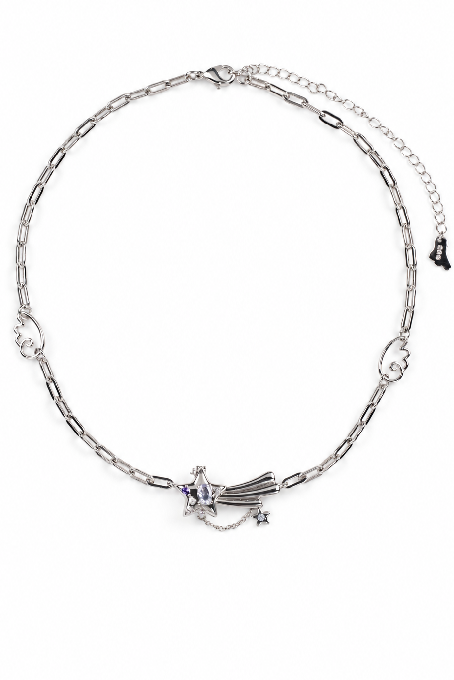 A silver-toned chain necklace featuring a central meteor or shooting star charm with small star accents, displayed on a clean white background.