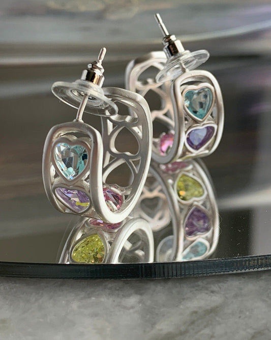 Y2K Fairycore Hoop Earring, Rainbow Heart Gem Chubby Grunge Hoop Earrings, Nana Earrings, Y2K jewelry, Alt Jewelry, 2000s, Gift for Her