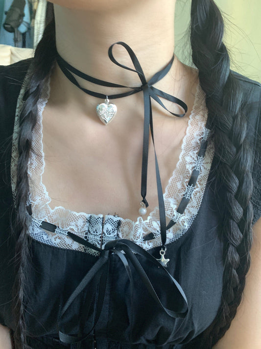 Locket Necklace Y2k Ribbon Choker Fairy Grunge Ribbon Choker Anime Jewelry Locket Necklace indie jewelry Artistic Jewelry y2k accessories
